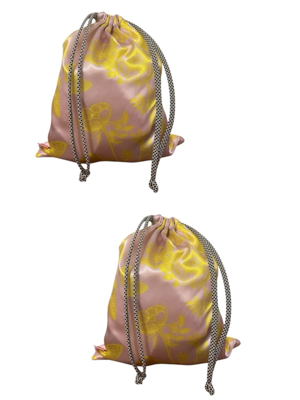 NEW Set of 2 Pink & Yellow Lace Satin Bags. Measurements in photos.